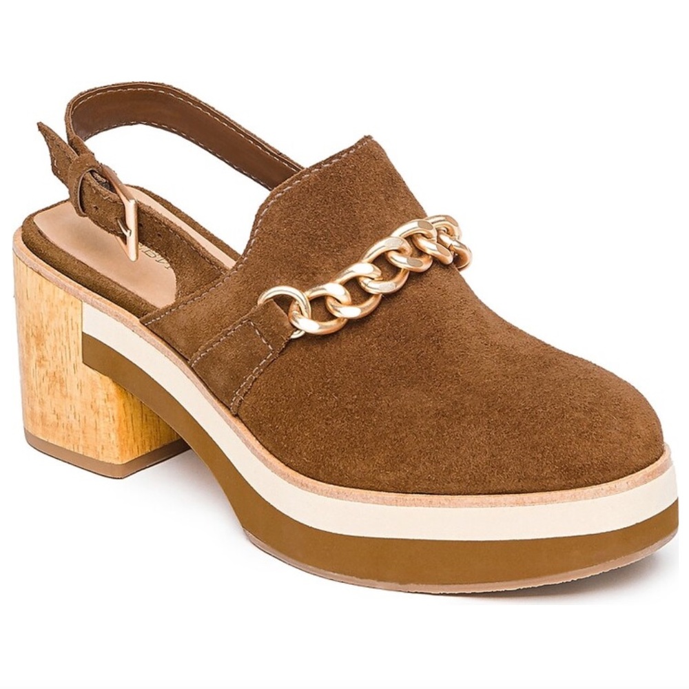 Bernardo Sochi Tobacco Split Suede Clogs with Chain Accent 7.5